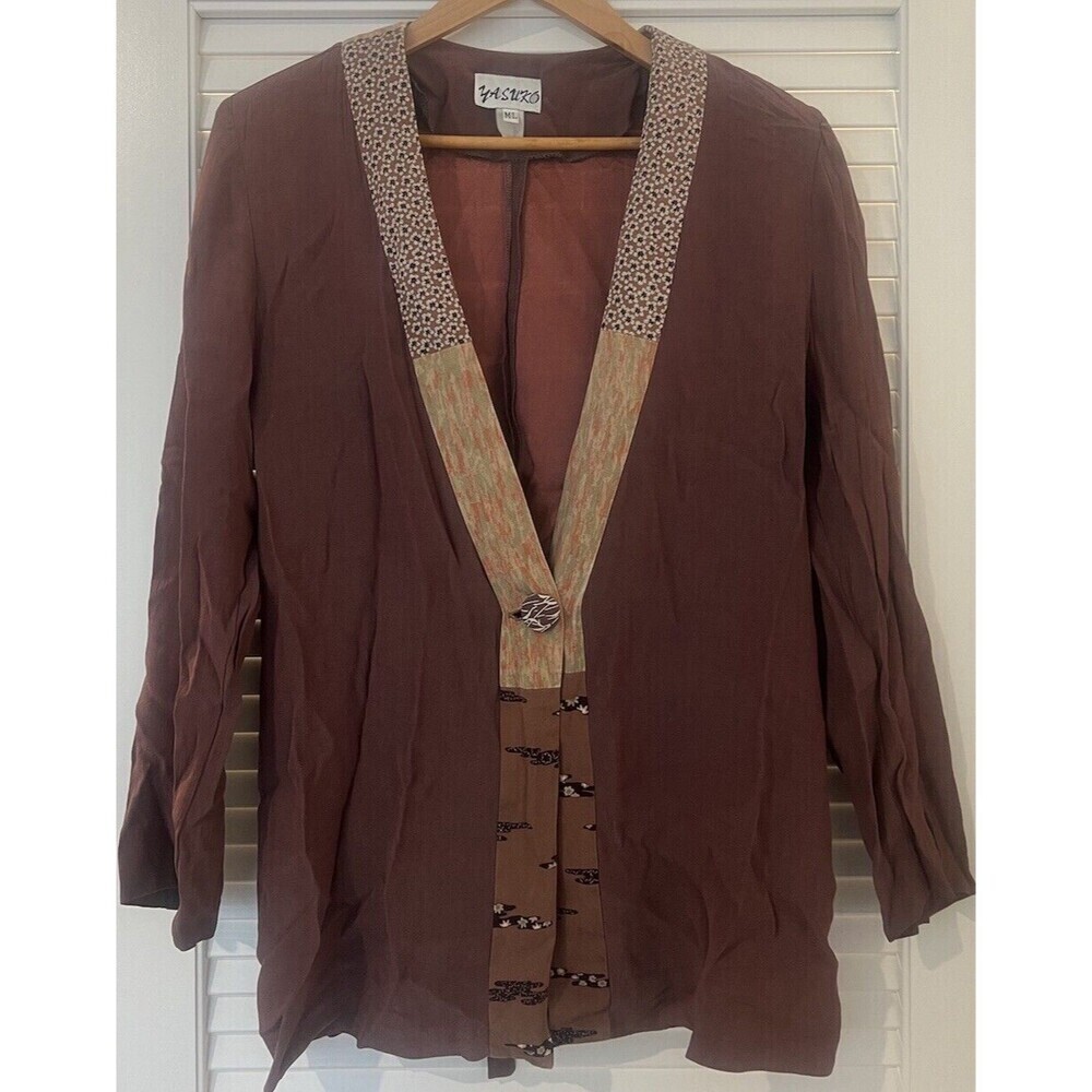Yasuko Jacket M/L Brown Floral Kimono Silk Art To Wear Lagenlook Mixed Media
